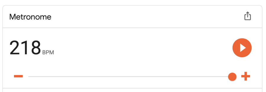 Rhythm and Pitch Google search metronome widget showing 218 BPM with a slider and play button